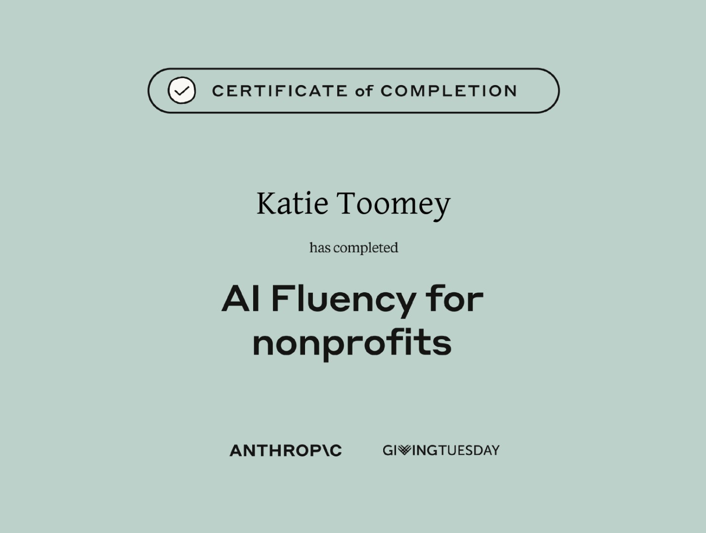 Anthropic AI Fluency for Nonprofits certificate, March 2026
